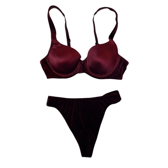 Victoria’s Secret dark red velvet underwire bra and matching thong panty set